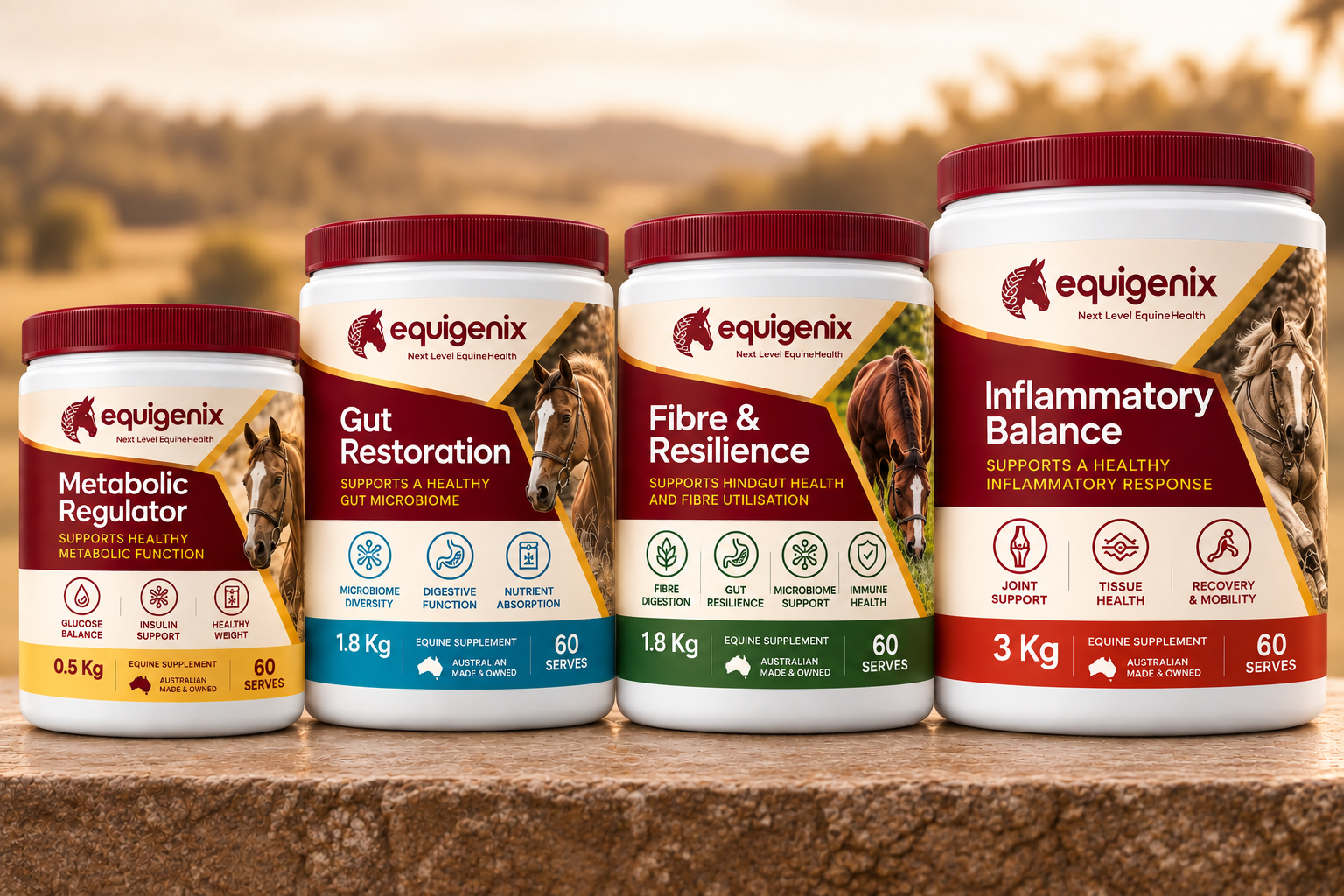 Four Equigenix supplement tubs — Metabolic Regulator, Gut Restoration, Fibre & Resilience and Inflammatory Balance — lined up in paddock light