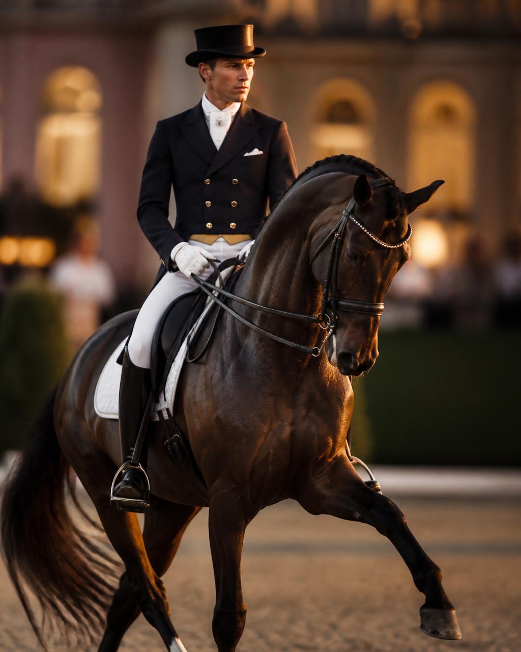 European professional dressage rider competing at golden hour